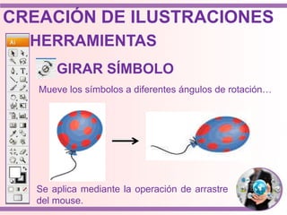 HERRAMIENTAS
Mueve los símbolos a diferentes ángulos de rotación…
GIRAR SÍMBOLO
Se aplica mediante la operación de arrastre
del mouse.
CREACIÓN DE ILUSTRACIONES
 