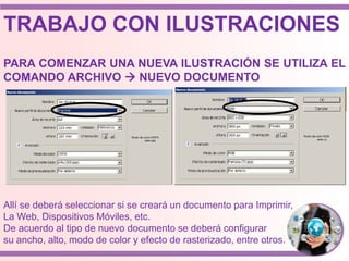 TRABAJO CON ILUSTRACIONES
PARA COMENZAR UNA NUEVA ILUSTRACIÓN SE UTILIZA EL
COMANDO ARCHIVO  NUEVO DOCUMENTO
Allí se deberá seleccionar si se creará un documento para Imprimir,
La Web, Dispositivos Móviles, etc.
De acuerdo al tipo de nuevo documento se deberá configurar
su ancho, alto, modo de color y efecto de rasterizado, entre otros.
 