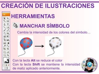 HERRAMIENTAS
Cambia la intensidad de los colores del símbolo…
MANCHAR SÍMBOLO
Con la tecla Alt se reduce el color
Con la tecla Shift se mantiene la intensidad
de matiz aplicado anteriormente.
CREACIÓN DE ILUSTRACIONES
 