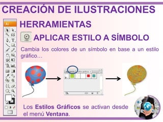 HERRAMIENTAS
Cambia los colores de un símbolo en base a un estilo
gráfico…
APLICAR ESTILO A SÍMBOLO
Los Estilos Gráficos se activan desde
el menú Ventana.
CREACIÓN DE ILUSTRACIONES
 