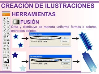HERRAMIENTAS
Crea y distribuye de manera uniforme formas o colores
entre dos objetos…
FUSIÓN
CREACIÓN DE ILUSTRACIONES
 