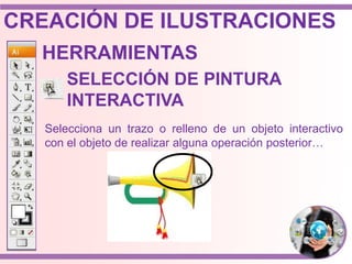 HERRAMIENTAS
Selecciona un trazo o relleno de un objeto interactivo
con el objeto de realizar alguna operación posterior…
SELECCIÓN DE PINTURA
INTERACTIVA
CREACIÓN DE ILUSTRACIONES
 