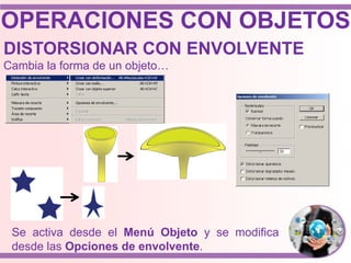 OPERACIONES CON OBJETOS
DISTORSIONAR CON ENVOLVENTE
Cambia la forma de un objeto…
Se activa desde el Menú Objeto y se modifica
desde las Opciones de envolvente.
 