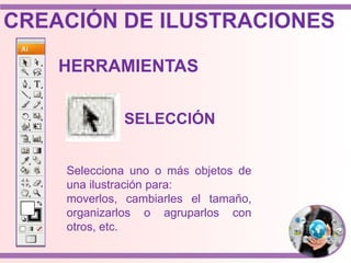 Selecciona uno o más objetos de
una ilustración para:
moverlos, cambiarles el tamaño,
organizarlos o agruparlos con
otros, etc.
CREACIÓN DE ILUSTRACIONES
HERRAMIENTAS
SELECCIÓN
 