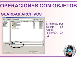 El formato por
defecto de
Adobe
Illustrator es
.ai
OPERACIONES CON OBJETOS
GUARDAR ARCHIVOS
 