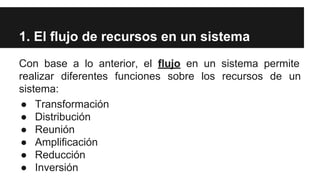 1. El flujo de recursos en un sistema
Con base a lo anterior, el flujo en un sistema permite
realizar diferentes funciones sobre los recursos de un
sistema:
● Transformación
● Distribución
● Reunión
● Amplificación
● Reducción
● Inversión
 