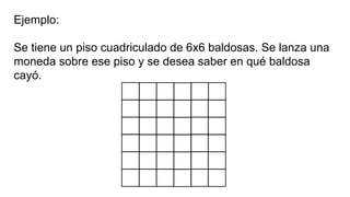 Ejemplo:
Se tiene un piso cuadriculado de 6x6 baldosas. Se lanza una
moneda sobre ese piso y se desea saber en qué baldosa
cayó.
 