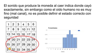 El sonido que produce la moneda al caer indica donde cayó
exactamente, sin embargo como el oido humano no es muy
fino (mal canal), no es posible definir el estado correcto con
seguridad
 