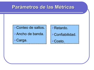 Parámetros de las Métricas Conteo de saltos. Ancho de banda. Carga. Retardo. Confiabilidad. Costo. 