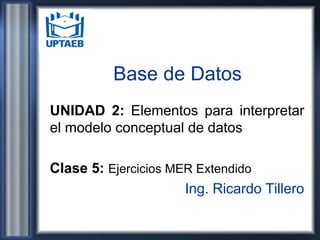 Base de Datos
UNIDAD 2: Elementos para interpretar
el modelo conceptual de datos
Clase 5: Ejercicios MER Extendido
Ing. Ricardo Tillero
 
