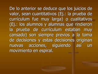 De lo anterior se deduce que los juicios de valor, sean cuantitativos (Ej.: la prueba de currículum fue muy larga) o cualitativos (Ej.: los alumnos y alumnas que rindieron la prueba de currículum estaban muy cansado) son siempre previos a la toma de decisiones y estas decisiones originan nuevas acciones, siguiendo así un movimiento en espiral. 