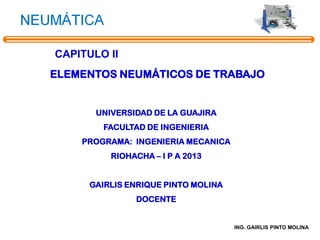 ING. GAIRLIS PINTO MOLINA
ELEMENTOS NEUMÁTICOS DE TRABAJO
UNIVERSIDAD DE LA GUAJIRA
FACULTAD DE INGENIERIA
PROGRAMA: INGENIERIA MECANICA
RIOHACHA – I P A 2013
GAIRLIS ENRIQUE PINTO MOLINA
DOCENTE
CAPITULO II
 