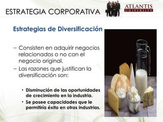 ESTRATEGIA CORPORATIVA Estrategias de Diversificación <ul><ul><li>Consisten en adquirir negocios relacionados o no con el ...