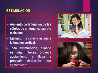 ESTIMULACION
 Aumento de la función de las
células de un órgano, aparato
o sistema.
 Ejemplo; la cafeína estimula
la función cortical.
 Toda estimulación, cuando
es muy intensa, provoca
agotamiento y llega a
producir depresión por
agotamiento.
 