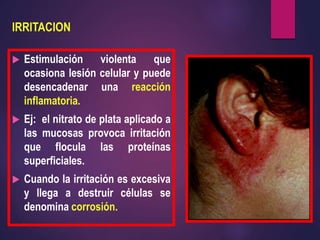 IRRITACION
 Estimulación violenta que
ocasiona lesión celular y puede
desencadenar una reacción
inflamatoria.
 Ej: el nitrato de plata aplicado a
las mucosas provoca irritación
que flocula las proteínas
superficiales.
 Cuando la irritación es excesiva
y llega a destruir células se
denomina corrosión.
 