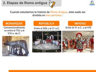 2. Etapas de Roma antigua
Cuando estudiamos la historia de Roma Antigua, esta suele ser
dividida en tres períodos :
Entre ...