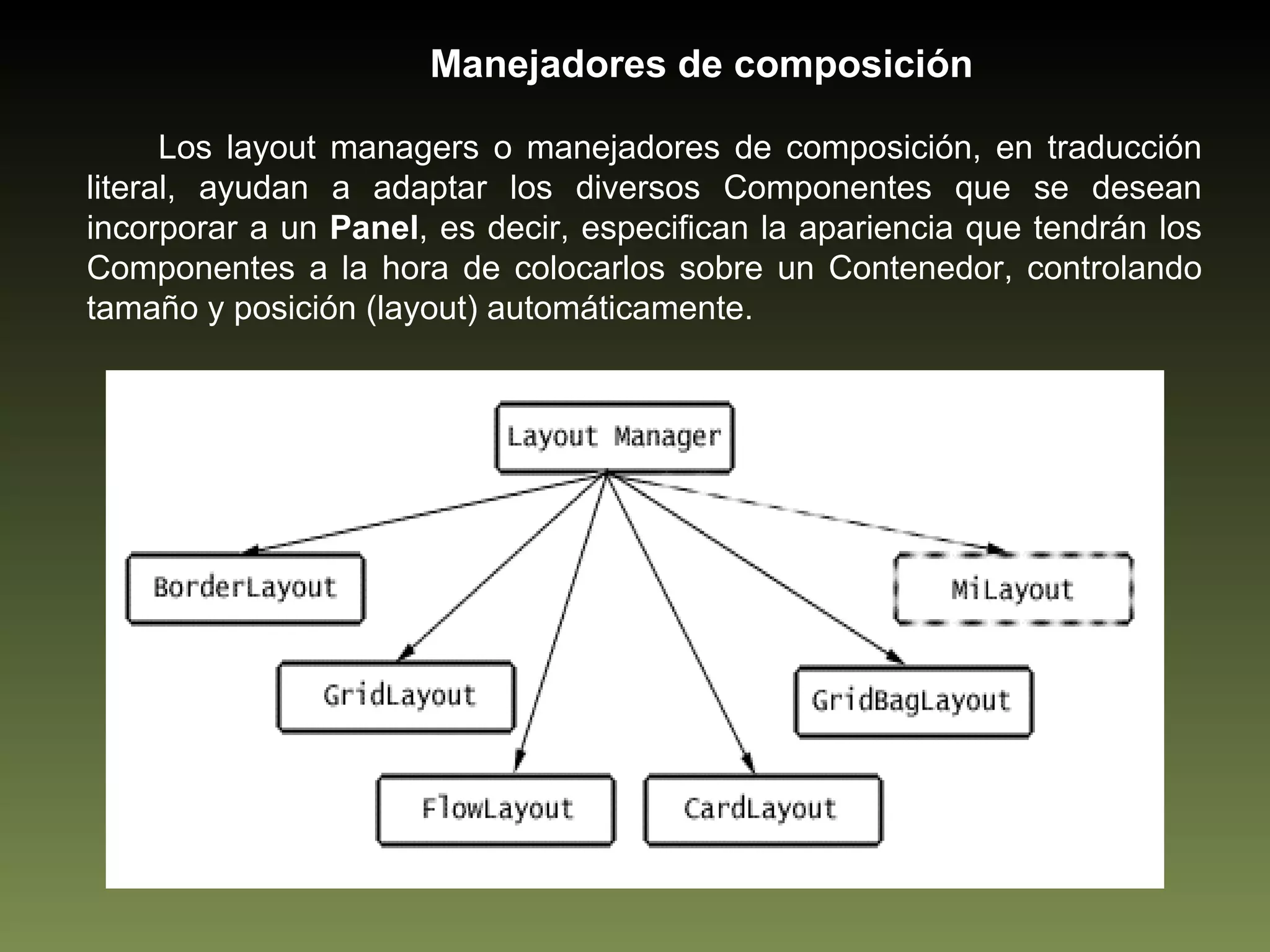 Los layout managers o manejadores de composición, en traducción literal, ayudan a adaptar los diversos Componentes que se desean incorporar a un  Panel , es decir, especifican la apariencia que tendrán los Componentes a la hora de colocarlos sobre un Contenedor, controlando tamaño y posición (layout) automáticamente.  Manejadores de composición 