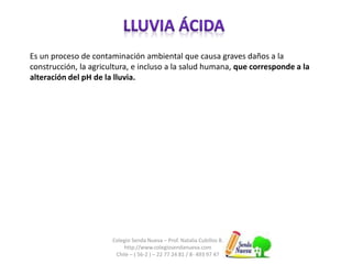 Es un proceso de contaminación ambiental que causa graves daños a la 
construcción, la agricultura, e incluso a la salud humana, que corresponde a la 
alteración del pH de la lluvia. 
Colegio Senda Nueva – Prof. Natalia Cubillos B. 
http://www.colegiosendanueva.com 
Chile – ( 56-2 ) – 22 77 24 81 / 8- 493 97 47 
 