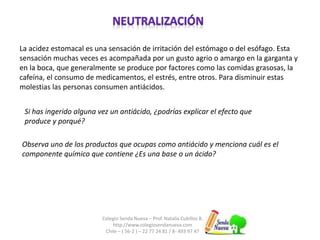 La acidez estomacal es una sensación de irritación del estómago o del esófago. Esta 
sensación muchas veces es acompañada por un gusto agrio o amargo en la garganta y 
en la boca, que generalmente se produce por factores como las comidas grasosas, la 
cafeína, el consumo de medicamentos, el estrés, entre otros. Para disminuir estas 
molestias las personas consumen antiácidos. 
Si has ingerido alguna vez un antiácido, ¿podrías explicar el efecto que 
produce y porqué? 
Observa uno de los productos que ocupas como antiácido y menciona cuál es el 
componente químico que contiene ¿Es una base o un ácido? 
Colegio Senda Nueva – Prof. Natalia Cubillos B. 
http://www.colegiosendanueva.com 
Chile – ( 56-2 ) – 22 77 24 81 / 8- 493 97 47 
 