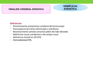 PARALISIS CEREBRAL ESPASTICA
HEMIPLEJIA
ESPASTICA
Deficiencias
• Primariamente compromiso unilateral del hemicuerpo
• Tono postural de tronco disminuido y asimétrico
• Reconocimiento somato-sensorial pobre del lado afectado
• Deficiencia visual, estrabismo o de campo visual
• Deficiencia mental en 20-25%
• Convulsiones10%
 