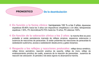 PRONOSTICO
❖ En función a la forma clínica: hemiparesia 100 % a los 3 años, diparesias
espásticas 65-80% hacia los 3 años con dispositivos ortopédicos o sin ellos, tetraparesias
espáticas < 50%, PC disninéticas70-75% hasta los 15 años, PC atáxicas 100%.
❖ En función de la valoración clínica a los 2 años: la marcha libre es poco
probable si existe persistencia marcada de reflejos arcaicos, espasmos extensores o
ausencia de reacciones de paracaídas. Si están presentes las reacciones de paracaídas la
sedestación autónoma, acceso a sedestación desde prono y gateo recíproco.
❖ Respecto a los reflejos y reacciones posturales: reflejo tónico simétrico,
reflejo tónico asimétrico, reacción positiva de soporte, reflejo de moro, reflejo de
enderezamiento primitivo de cuello, ausencia de la reacción de paracaídas , ausencia de
reacción de colocación. Si persiste 2 de estos signos no alcanzará la marcha.
De la deambulación
 