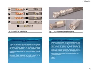 27/05/2014
6
Fluidos Hidráulicos y Acondicionadores de
Fluidos
La vida útil del sistema hidráulico depende en gran medida
de la selección y del cuidado que se tengan con los fluidos
hidráulicos. Al igual que con los componentes metálicos
de un sistema hidráulico, el fluido hidráulico debe
seleccionarse con base en sus características y
propiedades para cumplir con la función para la cual fue
diseñado.
Los filtros y los enfriadores se usan en sistemas
hidráulicos para mantener el fluido limpio y lo
suficientemente frío para evitar daños del sistema.
Funciones de los fluidos hidráulicos
Los fluidos prácticamente son incompresibles. Por tanto,
en un sistema hidráulico los fluidos pueden transmitir
potencia en forma instantánea. Por ejemplo, por cada
2.000 lb/pulg2 de presión, el aceite lubricante se
comprime aproximadamente 1%, es decir, puede
mantener su volumen constante cuando está bajo una
presión alta. El aceite lubricante es la materia prima con
que se produce la mayoría de los aceites hidráulicos.
Las principales funciones de los fluidos hidráulicos son:
• Transmitir potencia
• Lubricar
• Sellar
• Enfriar
 