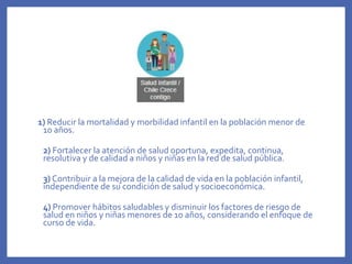 1) Reducir la mortalidad y morbilidad infantil en la población menor de
10 años.
2) Fortalecer la atención de salud oportuna, expedita, continua,
resolutiva y de calidad a niños y niñas en la red de salud pública.
3) Contribuir a la mejora de la calidad de vida en la población infantil,
independiente de su condición de salud y socioeconómica.
4) Promover hábitos saludables y disminuir los factores de riesgo de
salud en niños y niñas menores de 10 años, considerando el enfoque de
curso de vida.
 