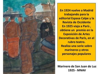 Marinero de San Juan de Luz
1925 - MNAV
En 1924 vuelve a Madrid
trabajando para la
editorial Espasa Calpe y la
Revista de Occidente
En 1925 viaja a París ,
obtiene un premio en la
Exposición de Artes
Decorativas de París, en el
rubro teatro.
Realiza una serie sobre
marineros y otros
personajes populares
 