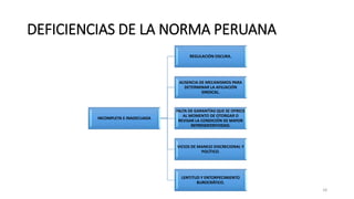 DEFICIENCIAS DE LA NORMA PERUANA
INCOMPLETA E INADECUADA
REGULACIÓN OSCURA.
AUSENCIA DE MECANISMOS PARA
DETERMINAR LA AFILIACIÓN
SINDICAL.
FALTA DE GARANTÍAS QUE SE OFRECE
AL MOMENTO DE OTORGAR O
REVISAR LA CONDICIÓN DE MAYOR
REPRESENTATIVIDAD.
VICIOS DE MANEJO DISCRECIONAL Y
POLÍTICO.
LENTITUD Y ENTORPECIMIENTO
BUROCRÁTICO.
18
 