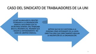 CASO DEL SINDICATO DE TRABAJADORES DE LA UNI
LA AAT HA ANULADO EL REGITRO
OTORGADO A LA ORGANIZACIÓN
SINDICAL ADUCIENDO QUE SU
SECRETARIA GENERAL ERA TRABAJABA
BAJO EL RÉGIMEN CAS, RÉGIMEN QUE
–SEGÚN SU ENTENDIMIENTO- NO
GOZA DE LIBERTAD SINDICAL.
NÓTESE QUE NO SE CUESTIOINA A LA
PERSONA COMO INTEGRANTE DE LA JUNTA
DIRECTIVA SINO QUE DIRECTAMENTE ANULAN
LA INSCRIPCIÓN DE LA ORGANIZACIÓN.
21
 
