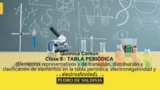 Química Común
Clase 5 : TABLA PERIÓDICA
(Elementos representativos y de transición, distribución y
clasificación de elementos en la tabla periódica, electronegatividad y
electroafinidad)
 