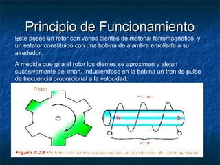 Principio de FuncionamientoPrincipio de Funcionamiento
Este posee un rotor con varios dientes de material ferromagnético, y
un estator constituido con una bobina de alambre enrollada a su
alrededor.
A medida que gira el rotor los dientes se aproximan y alejan
sucesivamente del imán. Induciéndose en la bobina un tren de pulso
de frecuencia proporcional a la velocidad.
 