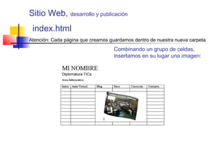index.html
Combinando un grupo de celdas,
insertamos en su lugar una imagen:
Atención: Cada página que creamos guardamos dentro de nuestra nueva carpeta
Sitio Web, desarrollo y publicación
 