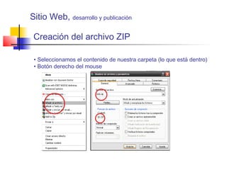 Creación del archivo ZIP
• Seleccionamos el contenido de nuestra carpeta (lo que está dentro)
• Botón derecho del mouse
Sitio Web, desarrollo y publicación
 