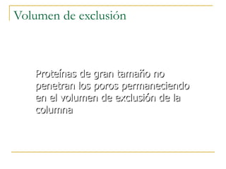 Volumen de exclusión Proteínas de gran tamaño no penetran los poros permaneciendo en el volumen de exclusión de la columna  Vo 