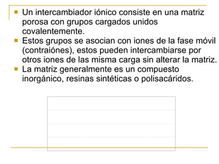 Un intercambiador iónico consiste en una matriz porosa con grupos cargados unidos covalentemente. Estos grupos se asocian con iones de la fase móvil  ( contraiónes ) , estos pueden intercambiarse por otros iones de las misma carga sin alterar la matriz. La matriz generalmente es un compuesto inorgánico, resinas sintéticas  o  polisacáridos.  Matriz  Nombre  Dextrano Sephadex Agarosa Sep h arose CL-6B Celulosa Sephacel 