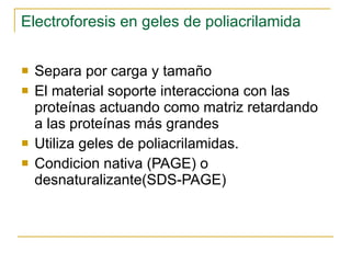 Electroforesis en geles de poliacrilamida Separa por carga y tamaño El material soporte interacciona con las proteínas actuando como matriz retardando a las proteínas más grandes Utiliza geles de poliacrilamidas. Condicion   nativa (PAGE) o desnaturalizante(SDS-PAGE)  
