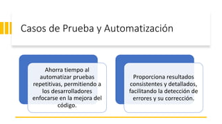 Casos de Prueba y Automatización
Ahorra tiempo al
automatizar pruebas
repetitivas, permitiendo a
los desarrolladores
enfocarse en la mejora del
código.
Proporciona resultados
consistentes y detallados,
facilitando la detección de
errores y su corrección.
 
