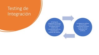 Testing de
Integración
El Testing de
Integración es una fase
crucial en el desarrollo
de software que se
centra en las
interacciones entre los
componentes y
módulos del sistema.
Su objetivo es verificar
que las partes
individuales funcionen
juntas de manera
coherente y sin
conflictos.
 