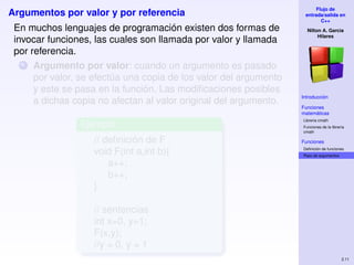 Flujo de
Argumentos por valor y por referencia                               entrada/salida en
                                                                           C++
 En muchos lenguajes de programación existen dos formas de           Nilton A. Garcia
                                                                          Hilares
 invocar funciones, las cuales son llamada por valor y llamada
 por referencia.
  1   Argumento por valor: cuando un argumento es pasado
      por valor, se efectúa una copia de los valor del argumento
      y este se pasa en la función. Las modiﬁcaciones posibles
                                                                   Introducción
      a dichas copia no afectan al valor original del argumento.
                                                                   Funciones
                                                                   matemáticas
                                                                   Libreria cmath
                Ejemplo                                            Funciones de la librería
                                                                   cmath

                    // deﬁnición de F                              Funciones
                                                                   Deﬁnición de funciones
                    void F(int a,int b){                           Paso de argumentos

                        a++;
                        b++;
                    }

                    // sentencias
                    int x=0, y=1;
                    F(x,y);
                    //y = 0, y = 1
                                                                                         2.11
 