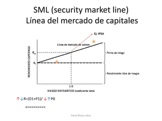 SML (security market line)
    Línea del mercado de capitales
                                       Ej: IPSA




↑↓R=(D1+P1)/ ↓↑P0

   <=========
                    David Moya Lobos
 