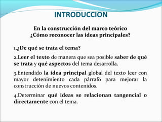 INTRODUCCION
En la construcción del marco teórico
¿Cómo reconocer las ideas principales?
1.¿De qué se trata el tema?
2.Leer el texto de manera que sea posible saber de qué

se trata y qué aspectos del tema desarrolla.

3.Entendido la idea principal global del texto leer con

mayor detenimiento cada párrafo para mejorar la
construcción de nuevos contenidos.

4.Determinar qué ideas se relacionan tangencial o

directamente con el tema.

 