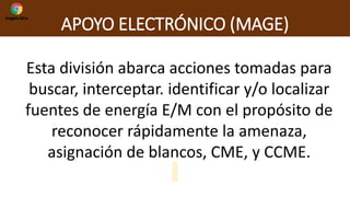 APOYO ELECTRÓNICO (MAGE)
Esta división abarca acciones tomadas para
buscar, interceptar. identificar y/o localizar
fuentes de energía E/M con el propósito de
reconocer rápidamente la amenaza,
asignación de blancos, CME, y CCME.
 