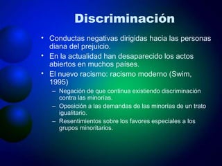 Discriminación
•
•
•
Conductas negativas dirigidas hacia las personas
diana del prejuicio.
En la actualidad han desaparecido los actos
abiertos en muchos países.
El nuevo racismo: racismo moderno (Swim,
1995)
– Negación de que continua existiendo discriminación
contra las minorías.
– Oposición a las demandas de las minorías de un trato
igualitario.
– Resentimientos sobre los favores especiales a los
grupos minoritarios.
 