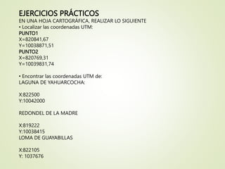EJERCICIOS PRÁCTICOS
EN UNA HOJA CARTOGRÁFICA, REALIZAR LO SIGUIENTE
• Localizar las coordenadas UTM:
PUNTO1
X=820841,67
Y=10038871,51
PUNTO2
X=820769,31
Y=10039831,74
• Encontrar las coordenadas UTM de:
LAGUNA DE YAHUARCOCHA:
X:822500
Y:10042000
REDONDEL DE LA MADRE
X:819222
Y:10038415
LOMA DE GUAYABILLAS
X:822105
Y: 1037676