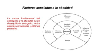 Factores asociados a la obesidad
La causa fundamental del
sobrepeso y la obesidad es un
desequilibrio energético entre
calorías consumidas y calorías
gastadas.
 