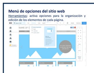 Menú de opciones del sitio web
Herramientas: activa opciones para la organización y
edición de los elementos de cada página.
 