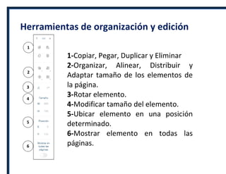 Herramientas de organización y edición
1
2
3
4
5
6
1-Copiar, Pegar, Duplicar y Eliminar
2-Organizar, Alinear, Distribuir y
Adaptar tamaño de los elementos de
la página.
3-Rotar elemento.
4-Modificar tamaño del elemento.
5-Ubicar elemento en una posición
determinado.
6-Mostrar elemento en todas las
páginas.
 