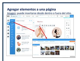 Agregar elementos a una página
Imagen: puede insertarse desde dentro o fuera del sitio.
 