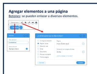Agregar elementos a una página
Botones: se pueden enlazar a diversos elementos.
 